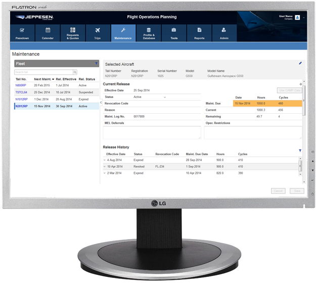 Jeppesen charter fleet planning Web app Web app on desktop computer