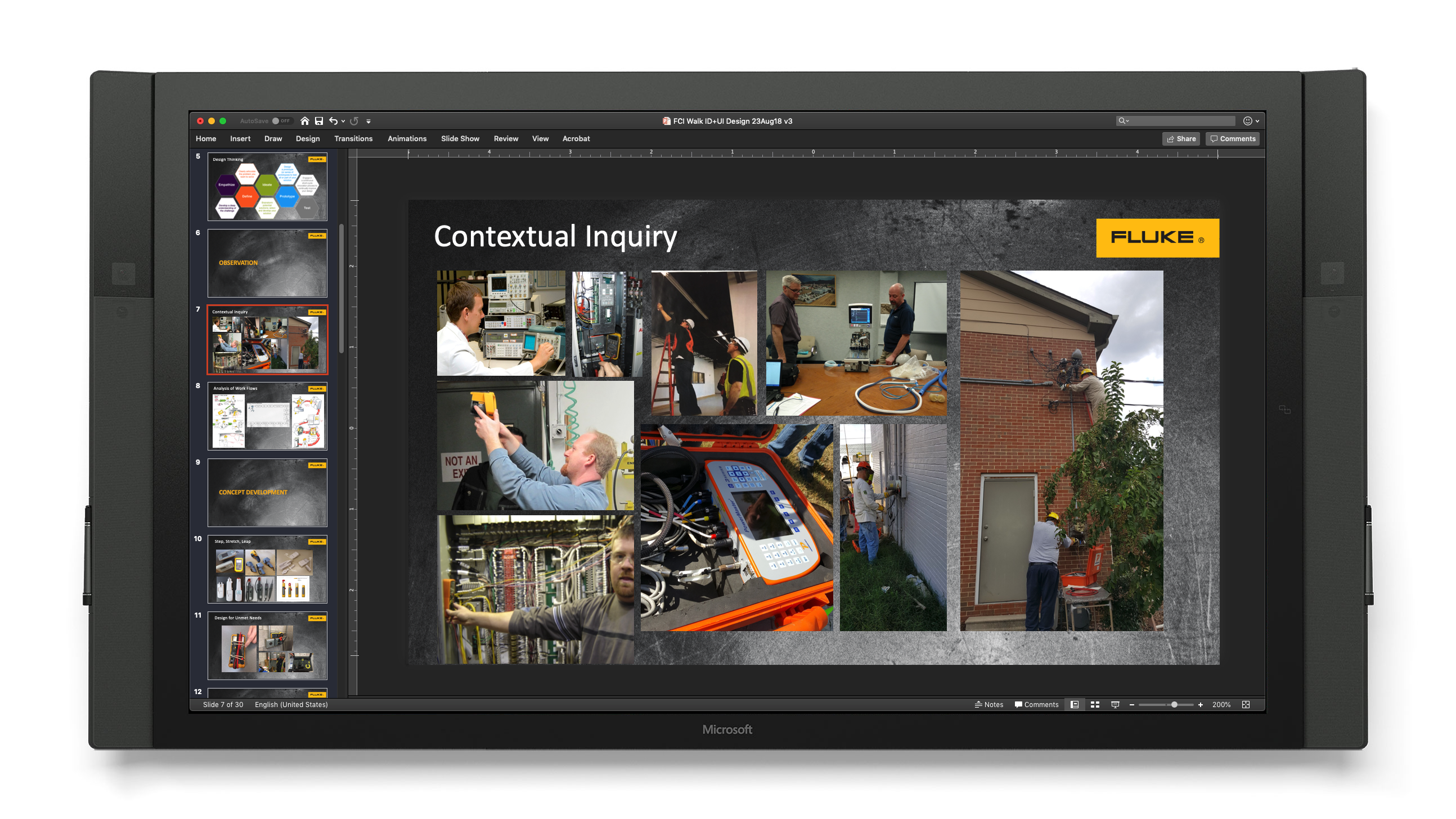 Executive walkthrough of Fluke ID+UI Design process Large-screen presentation of design process